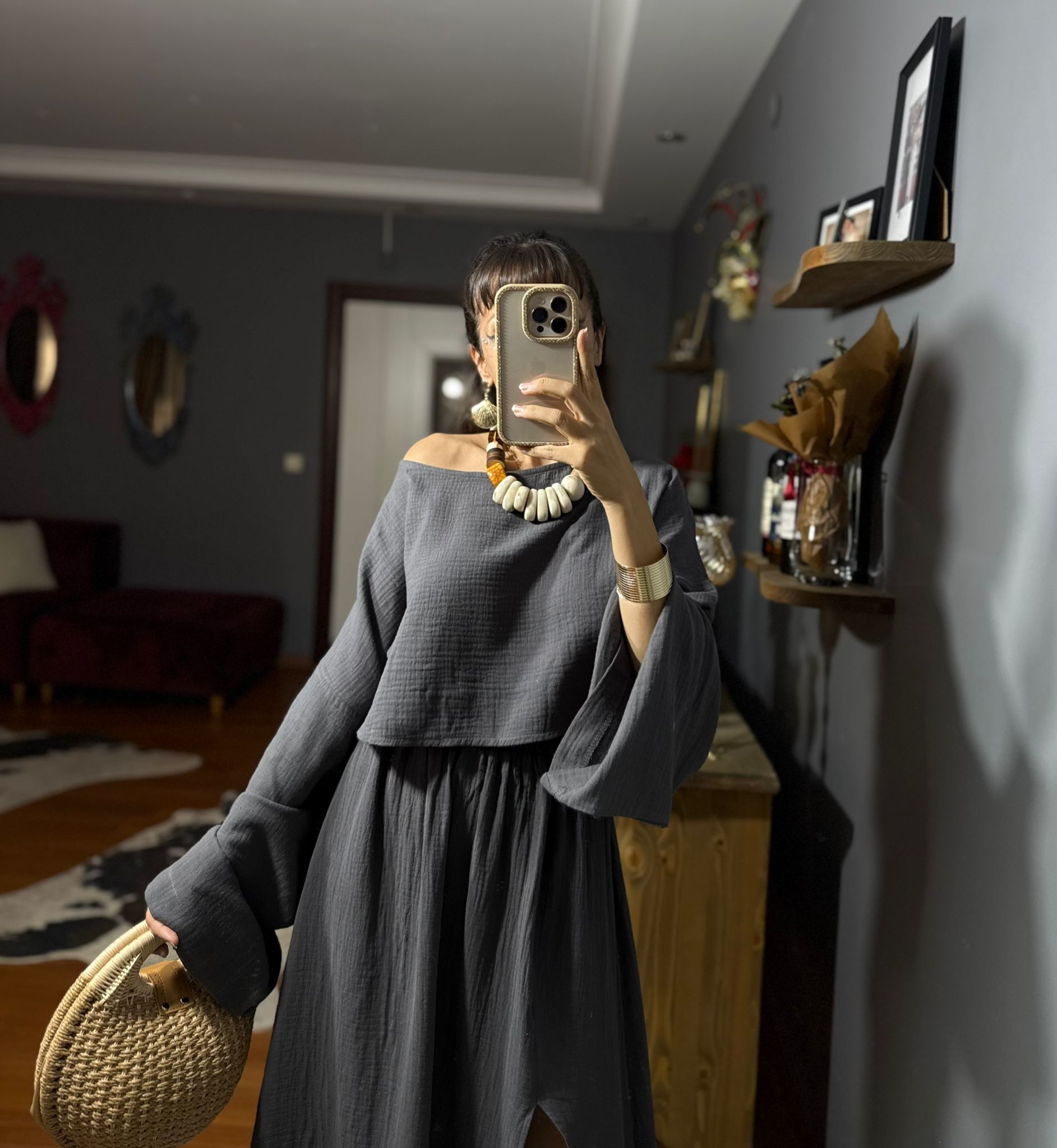 Ham Keten Kadın Takım – Yazlık Bohem İki Parça Kombin - ANTRASIT - Görsel 3