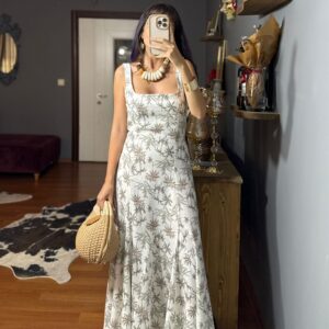 Desenli Keten Elbise -BEYAZ