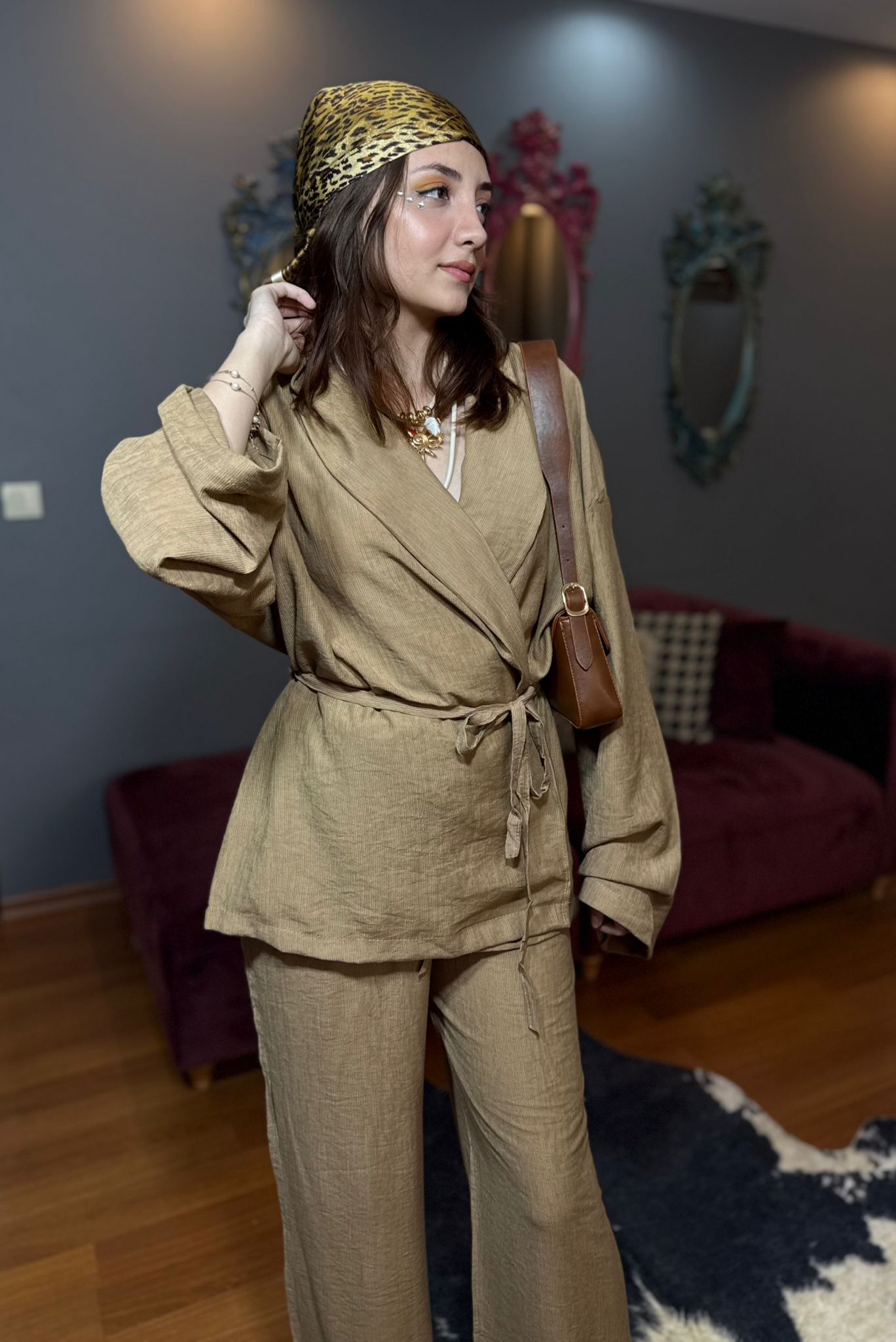 Camel Parlak Pamuklu Kumaş kimono pantolon takım