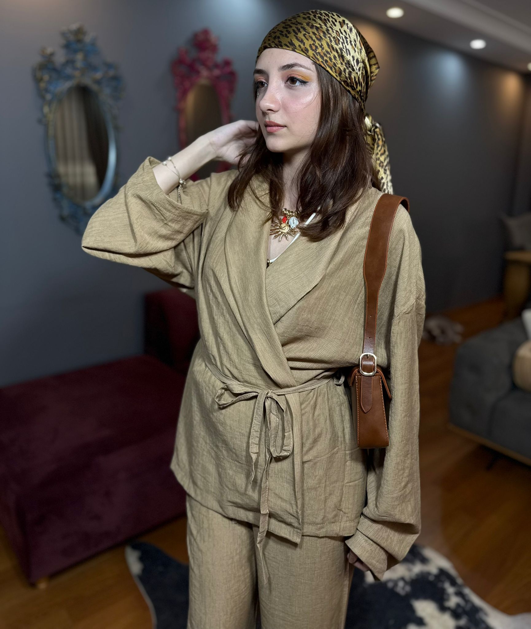 Camel Parlak Pamuklu Kumaş kimono pantolon takım - Görsel 3