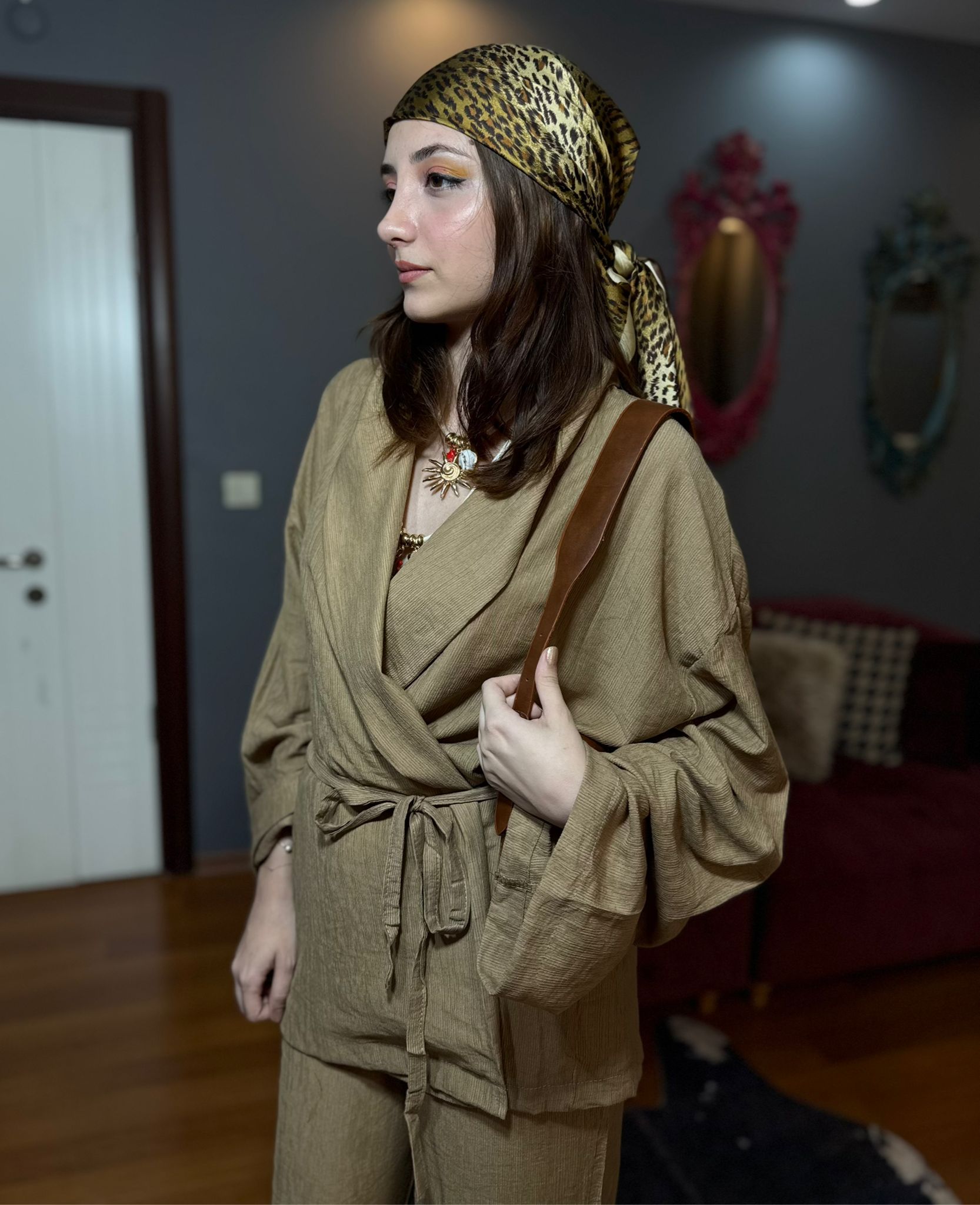 Camel Parlak Pamuklu Kumaş kimono pantolon takım - Görsel 5