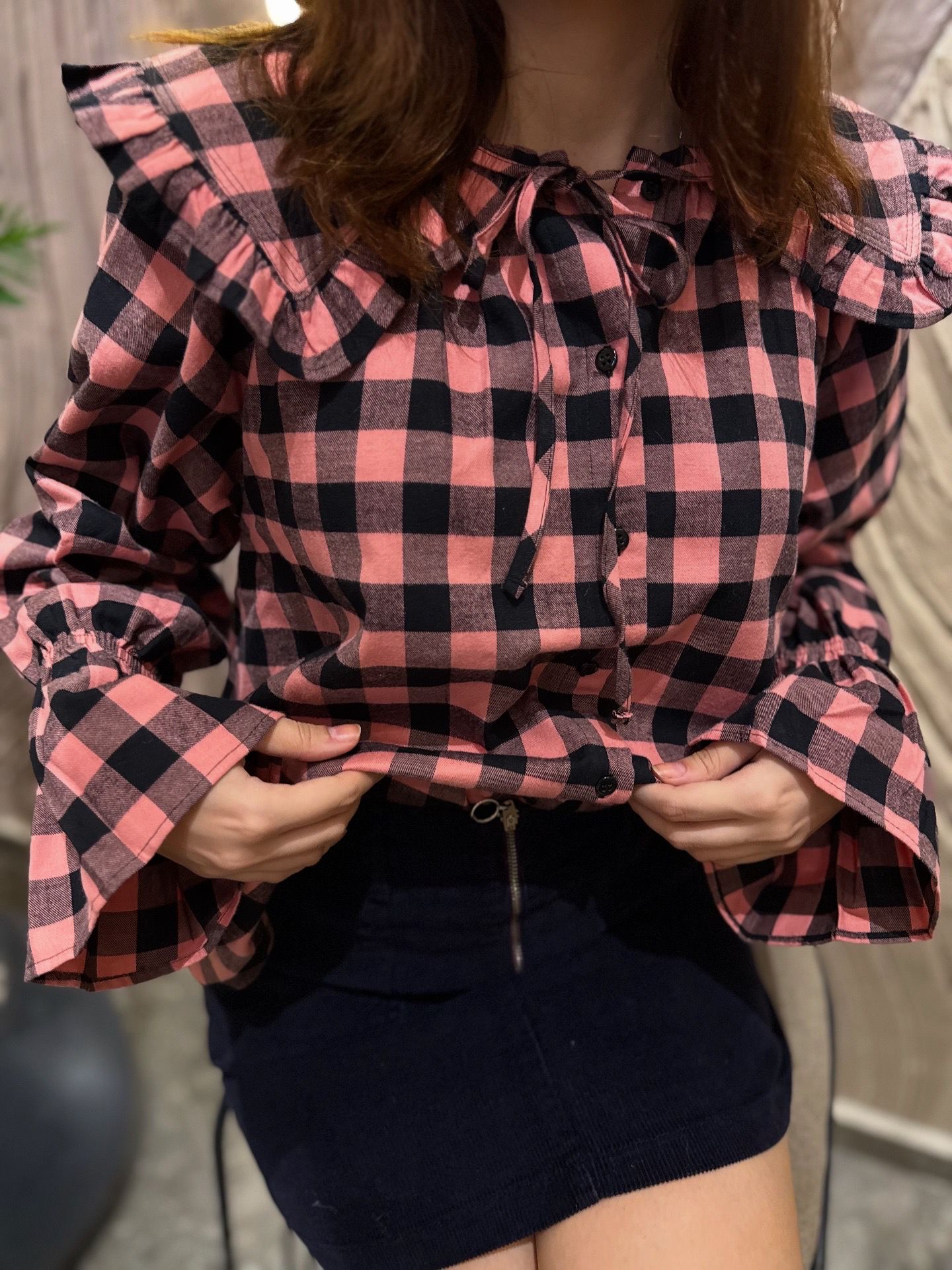 Vintage Yaka Detaylı Kare Desenli Gömlek - Görsel 7