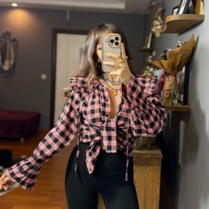 Vintage Yaka Detaylı Kare Desenli Gömlek