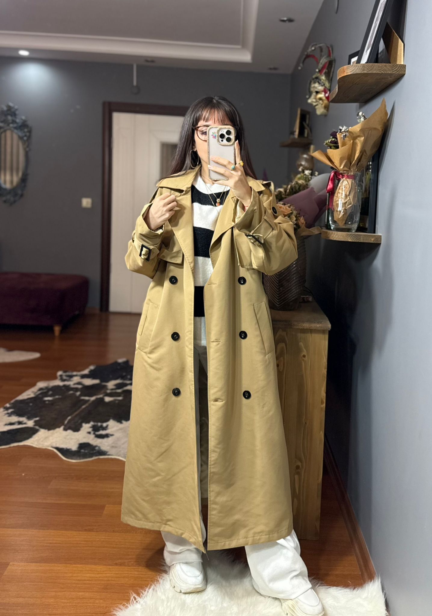 Oversize Kesim Camel Trençkot - Görsel 11