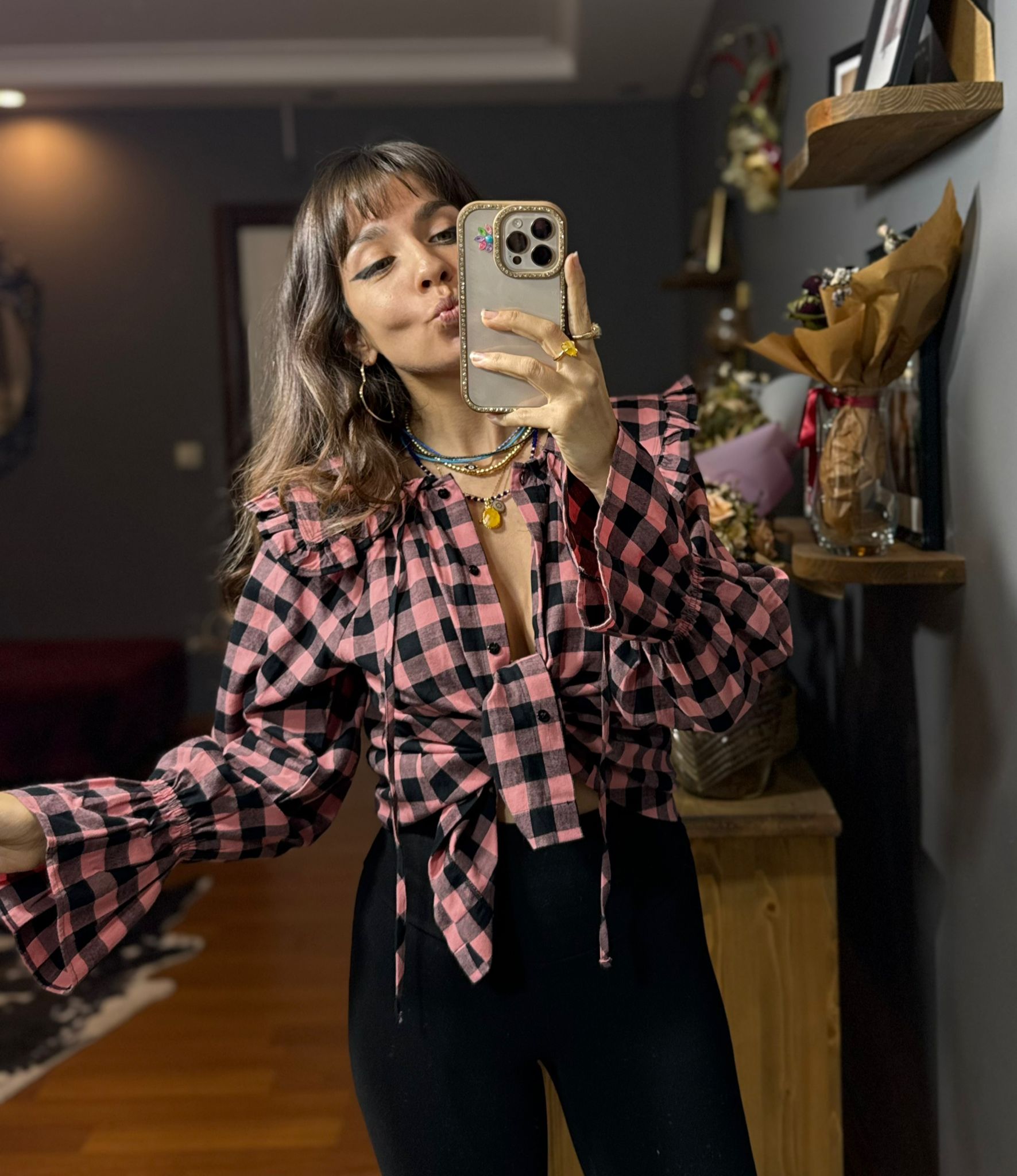 Vintage Yaka Detaylı Kare Desenli Gömlek - Görsel 5