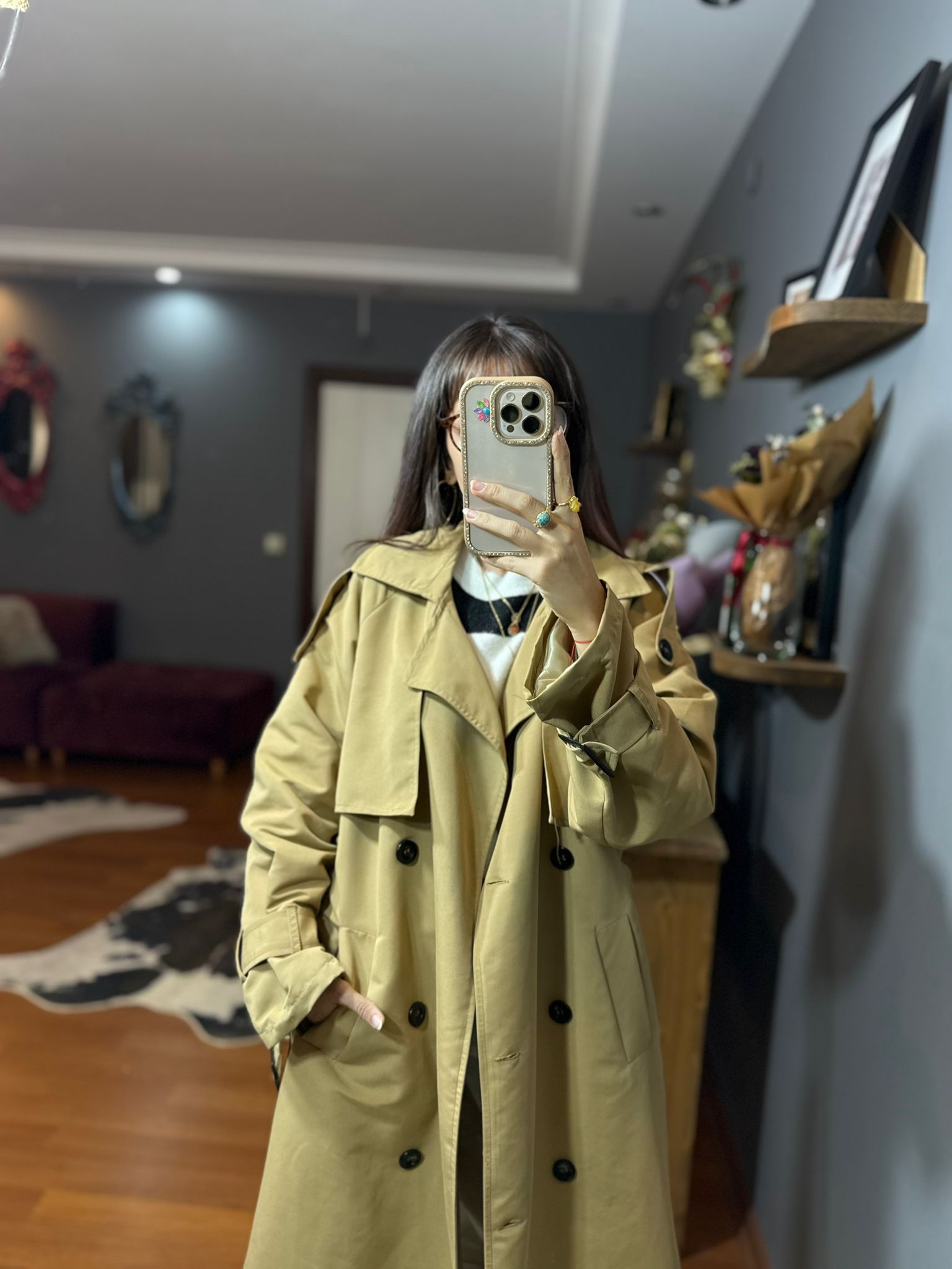 Oversize Kesim Camel Trençkot - Görsel 10