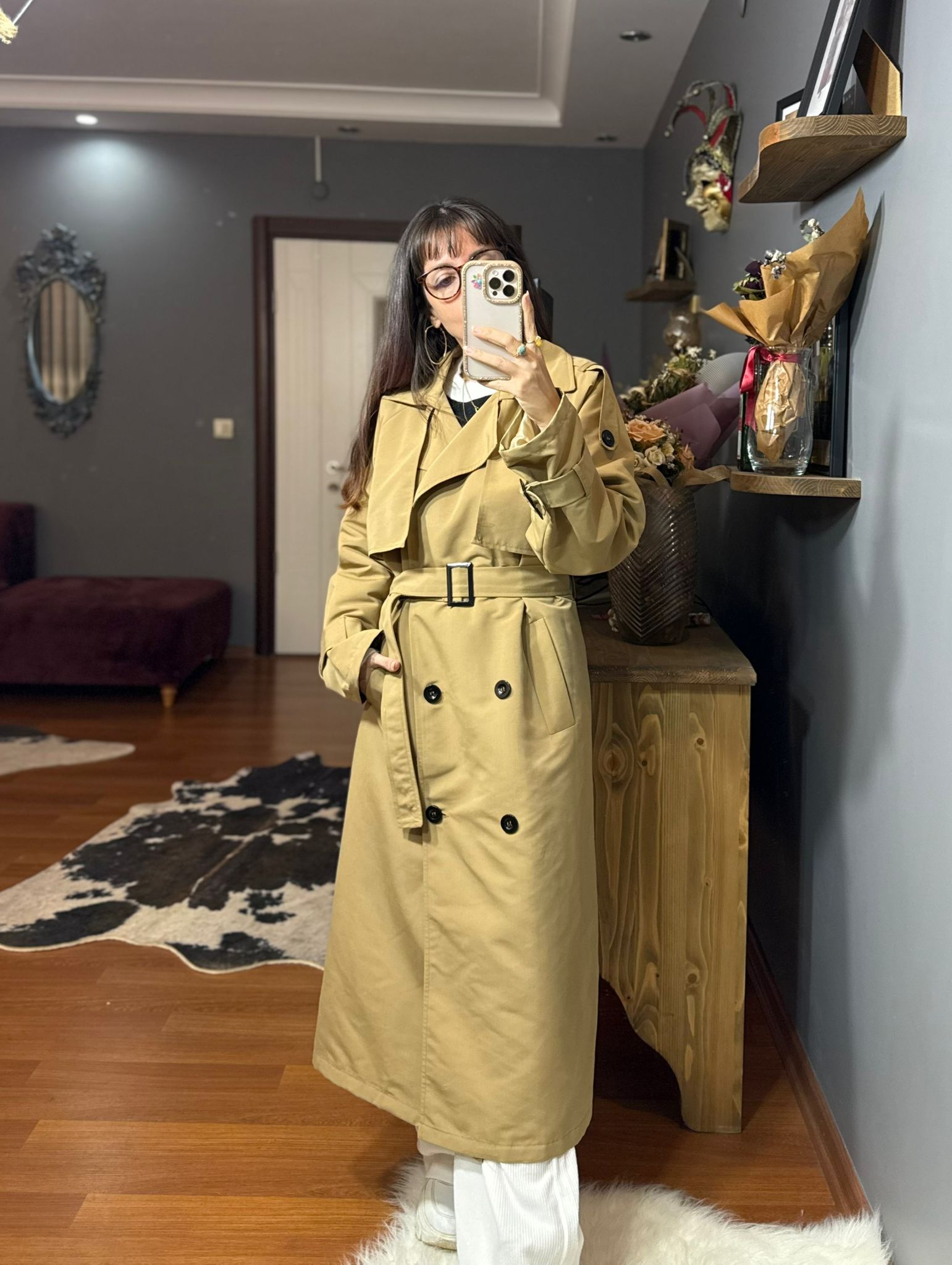 Oversize Kesim Camel Trençkot - Görsel 8