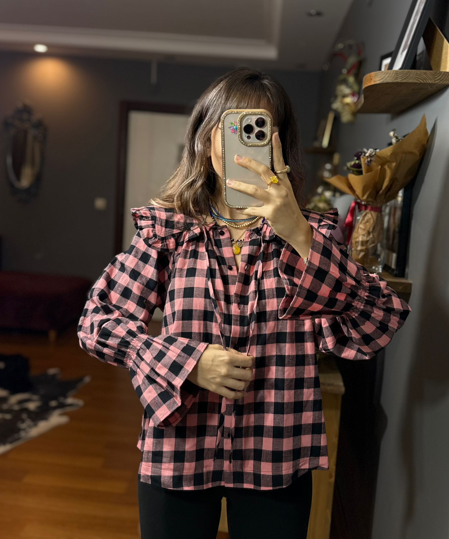 Vintage Yaka Detaylı Kare Desenli Gömlek - Görsel 8