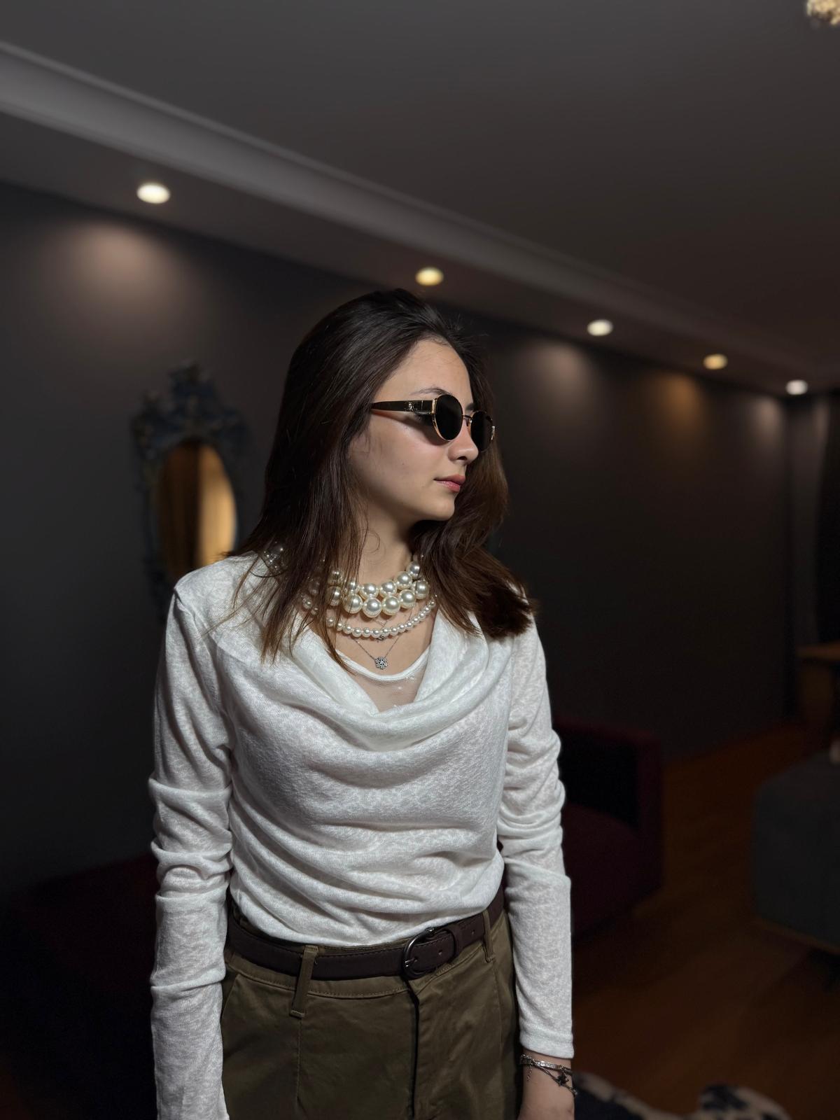 Kadın Dantel Astar Detaylı Degaje Yaka İthal Bluz-Beyaz - Görsel 3