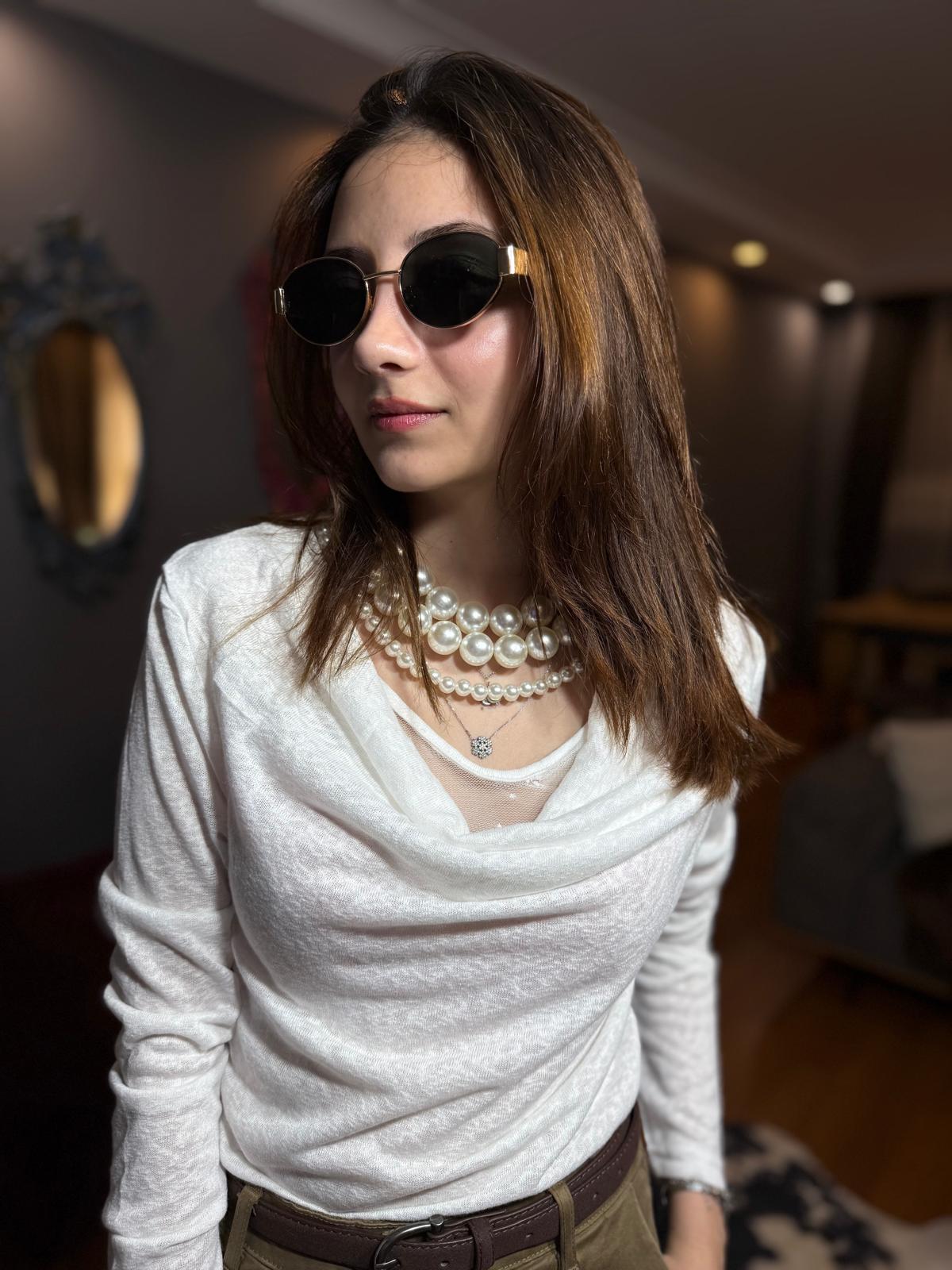 Kadın Dantel Astar Detaylı Degaje Yaka İthal Bluz-Beyaz