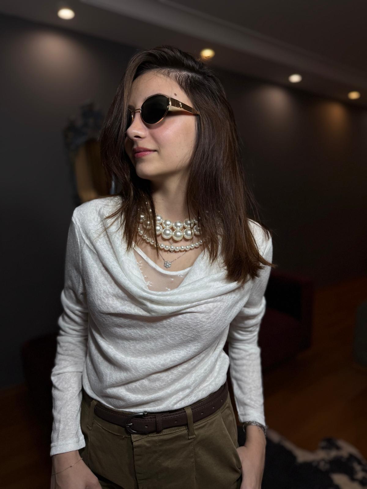 Kadın Dantel Astar Detaylı Degaje Yaka İthal Bluz-Beyaz - Görsel 2