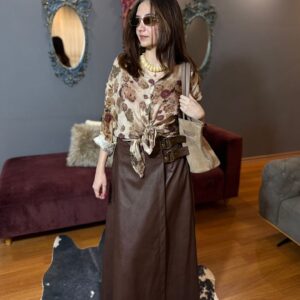 Kadın Yüksek Bel Çift Tokalı Deri ithal Etek - Kahverengi