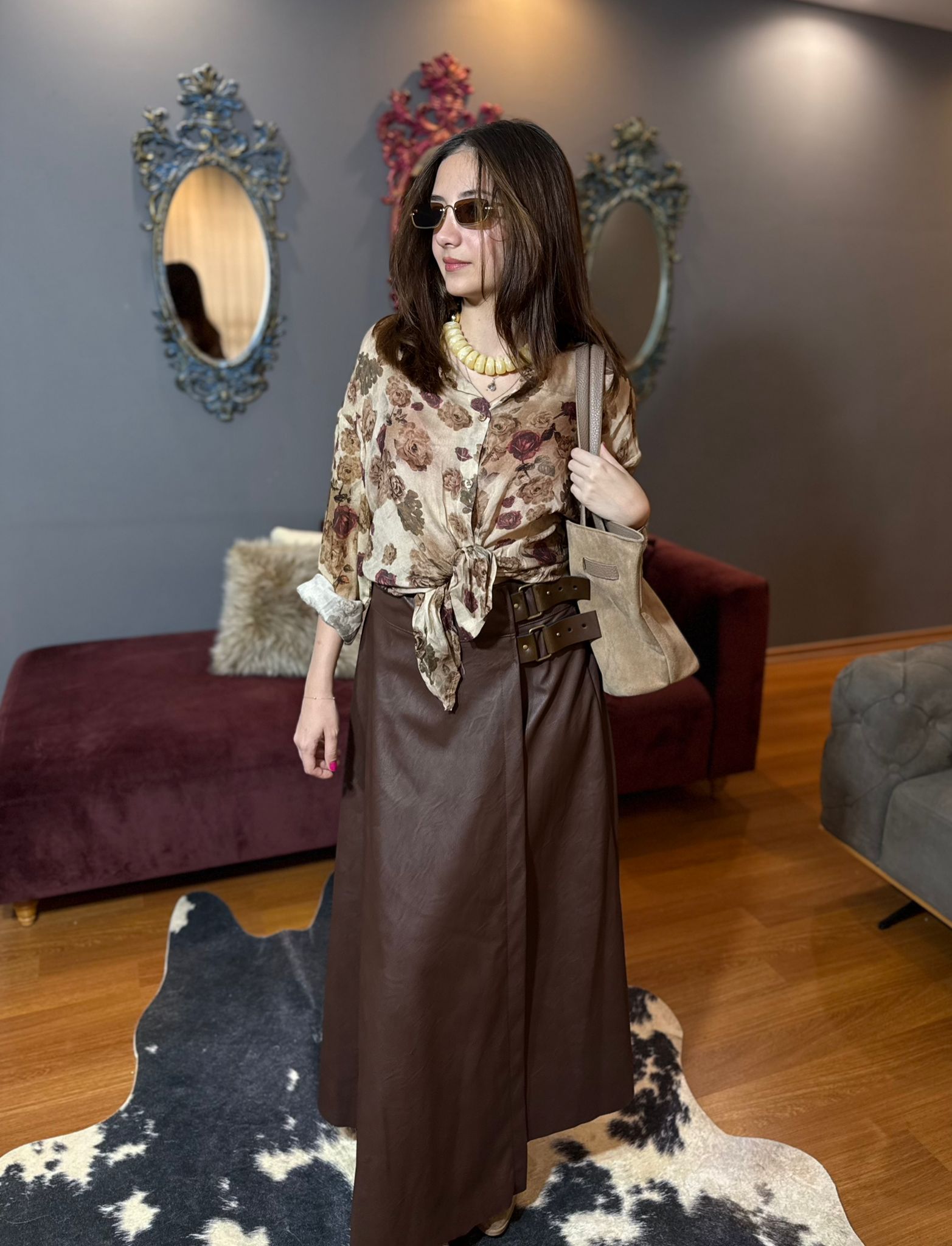 Kadın Yüksek Bel Çift Tokalı Deri ithal Etek - Kahverengi