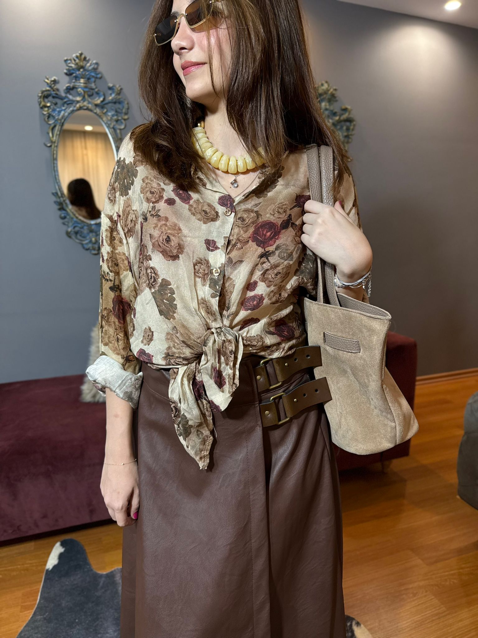 Kadın Yüksek Bel Çift Tokalı Deri ithal Etek - Kahverengi - Görsel 5