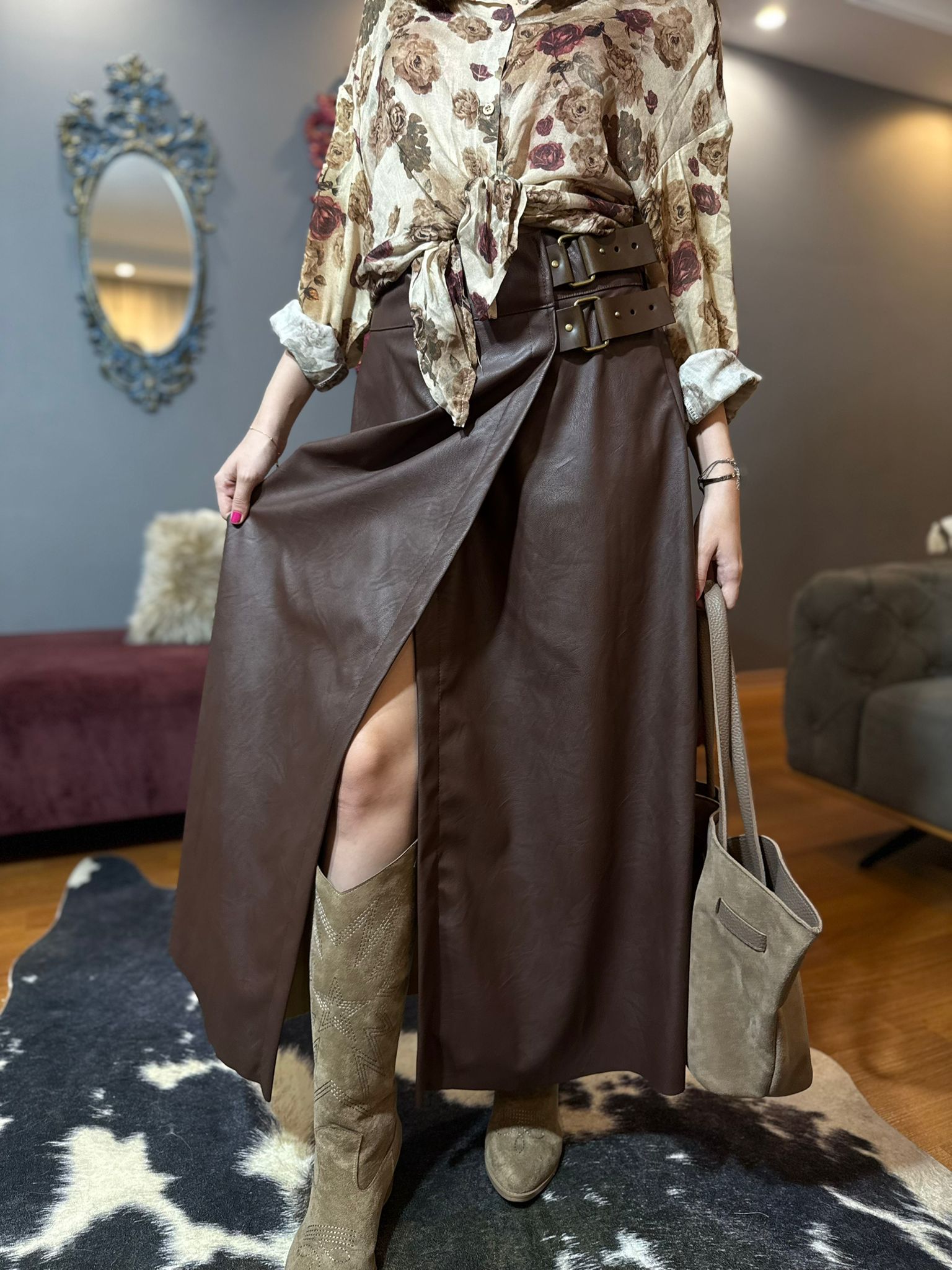 Kadın Yüksek Bel Çift Tokalı Deri ithal Etek - Kahverengi - Görsel 6