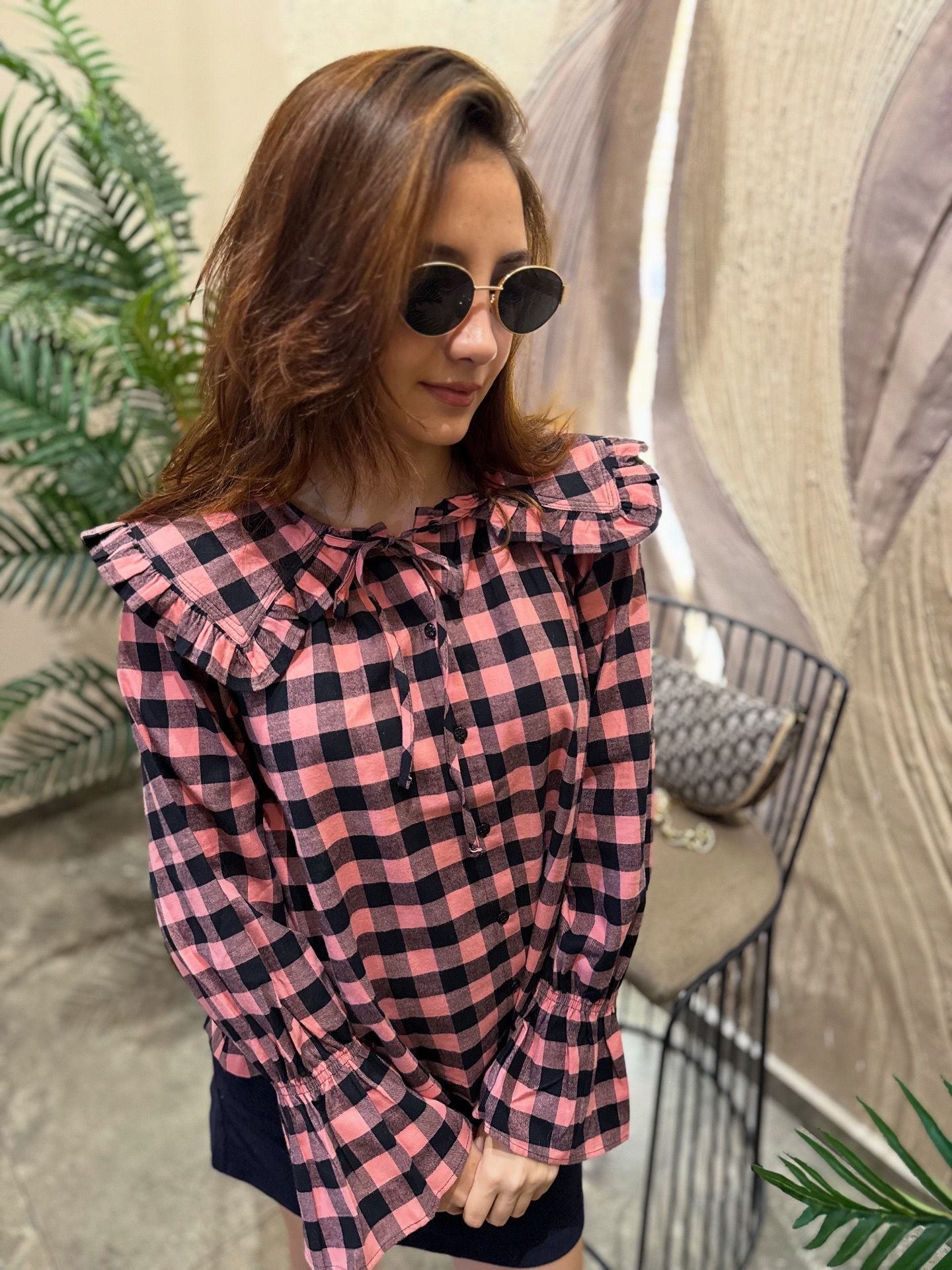 Vintage Yaka Detaylı Kare Desenli Gömlek - Görsel 11