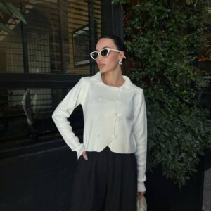 Düğme ve Yaka Detaylı triko Bluz/Ceket