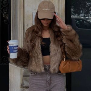 Kadın Suni Kürk Mont Kahverengi