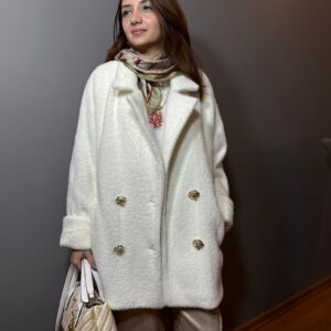 Gold Düğme Detaylı Peluş Kaban Beyaz