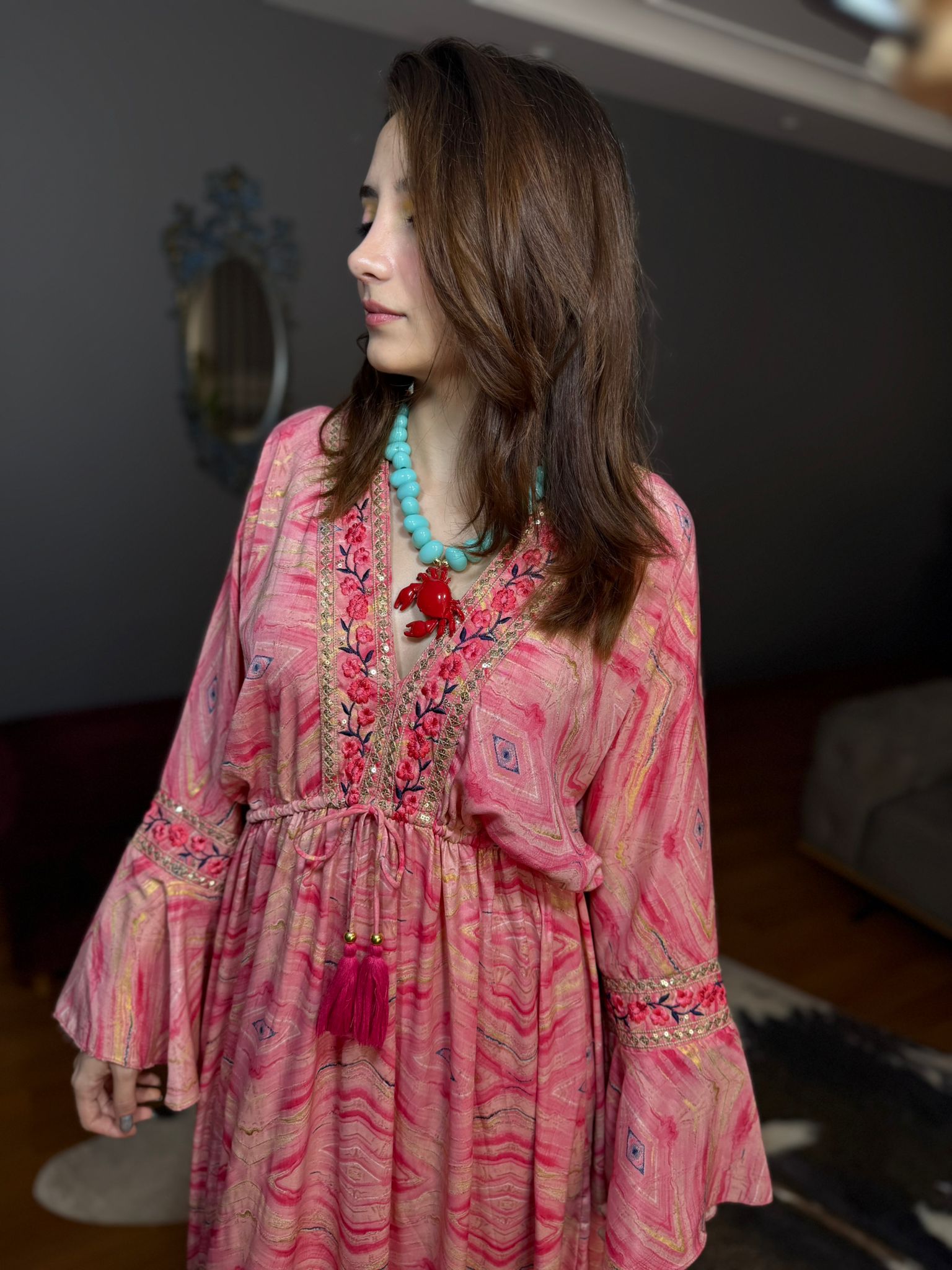 Taş Ve Nakış Detaylı İçi Astarlı Hürrem Kol ithal Elbise-pembe - Görsel 6