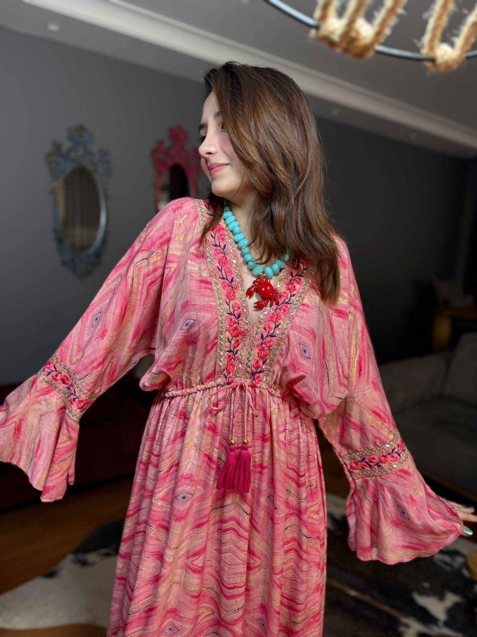 Taş Ve Nakış Detaylı İçi Astarlı Hürrem Kol ithal Elbise-pembe - Görsel 5