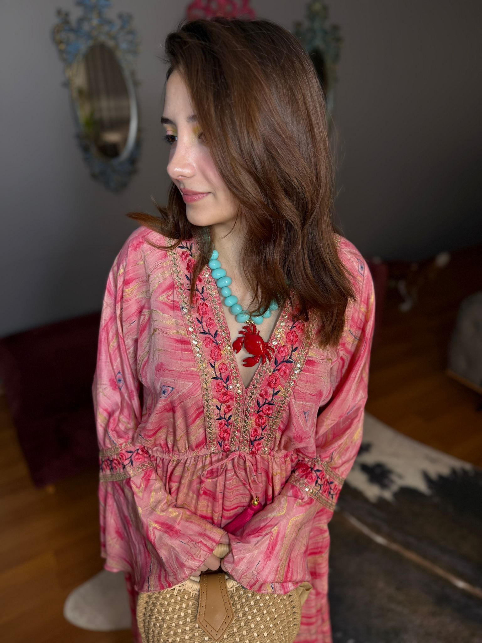 Taş Ve Nakış Detaylı İçi Astarlı Hürrem Kol ithal Elbise-pembe - Görsel 2