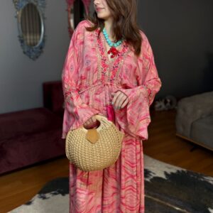 Taş Ve Nakış Detaylı İçi Astarlı Hürrem Kol ithal Elbise-pembe