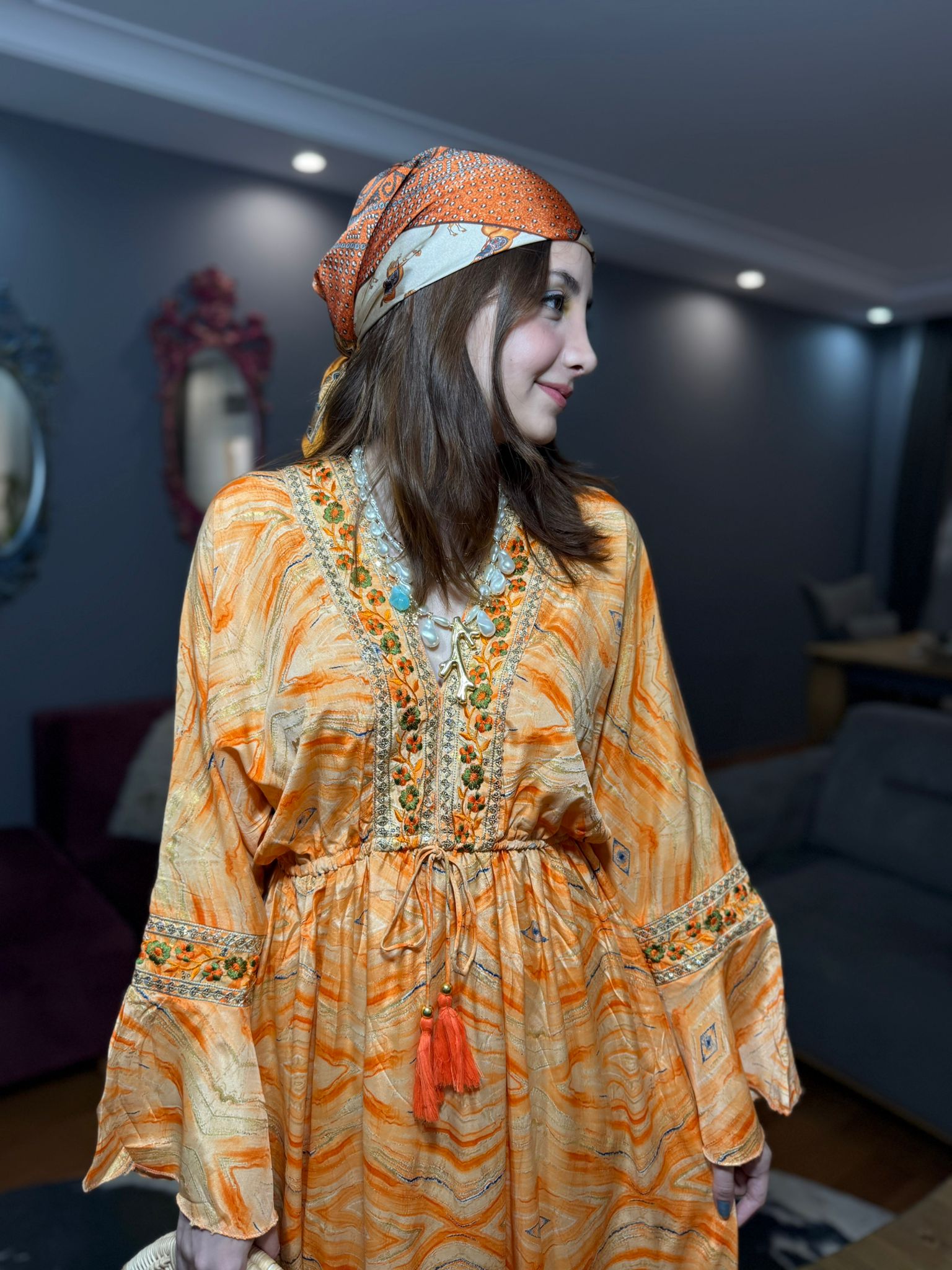 Taş Ve Nakış Detaylı İçi Astarlı Hürrem Kol ithal Elbise-turuncu - Görsel 4