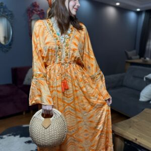 Taş Ve Nakış Detaylı İçi Astarlı Hürrem Kol ithal Elbise-turuncu