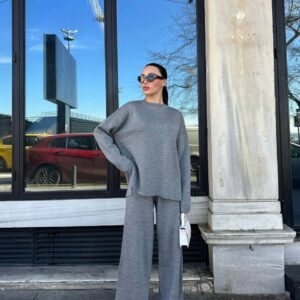 Kadın Çelik Triko Ikili Kazak & Pantolon Takımı-VİZON GRİ