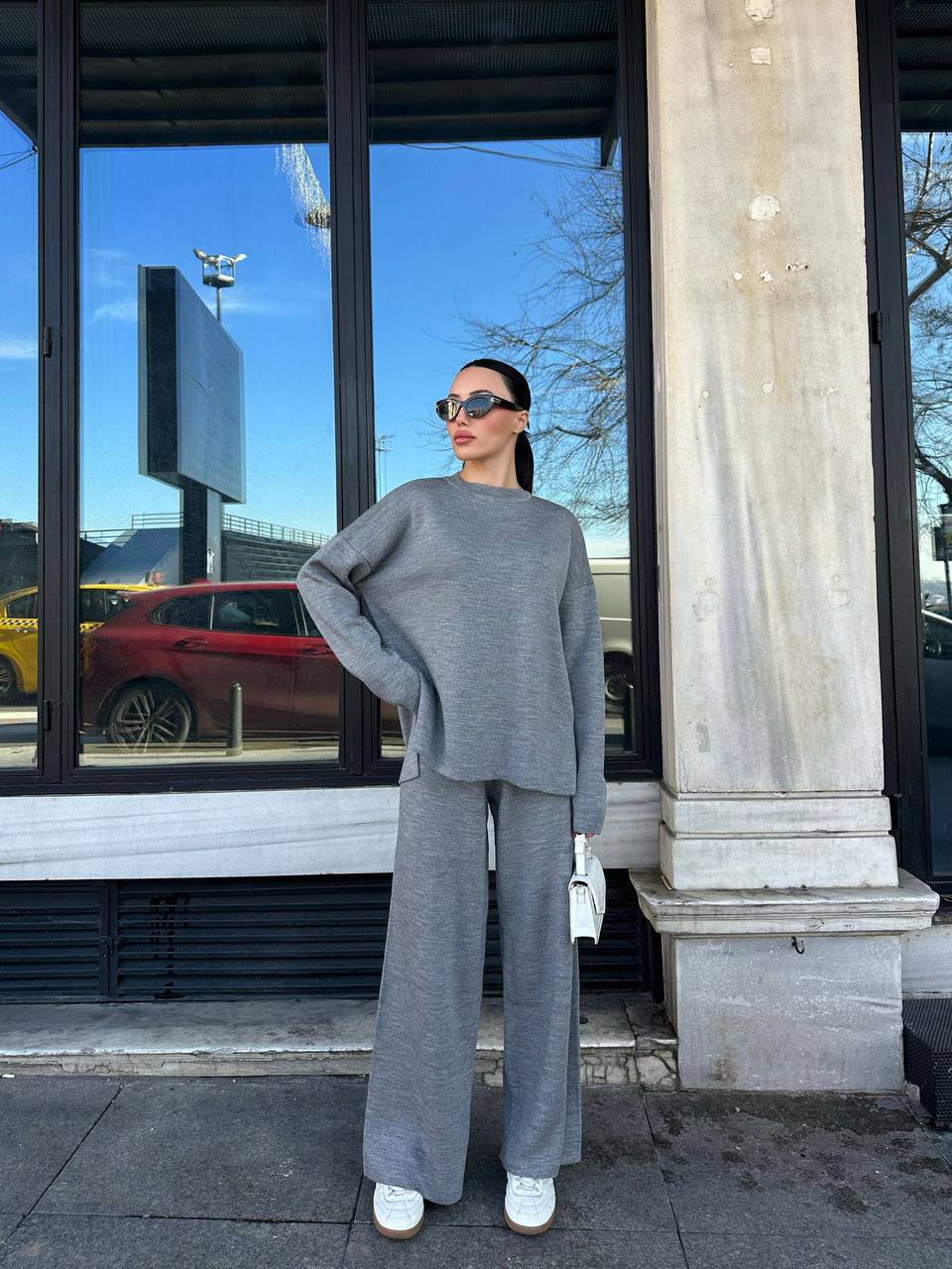 Kadın Çelik Triko Ikili Kazak & Pantolon Takımı-VİZON GRİ