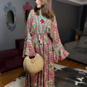 Etnik Desenli V Yaka Kaftan İthal Elbise