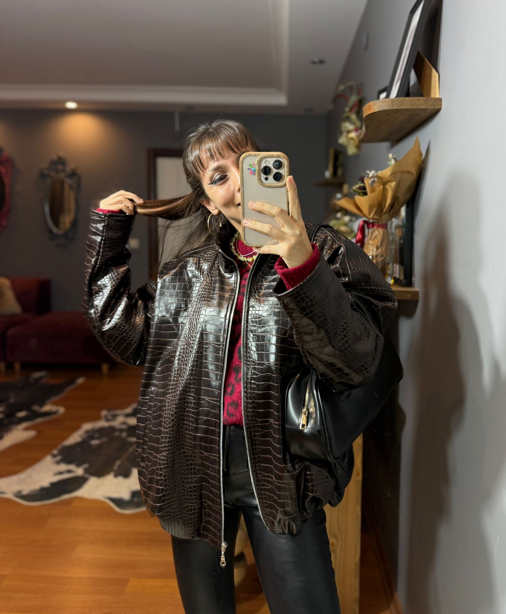 Krokodil Desenli Kadın Oversize Bordo Deri Ceket - Görsel 15