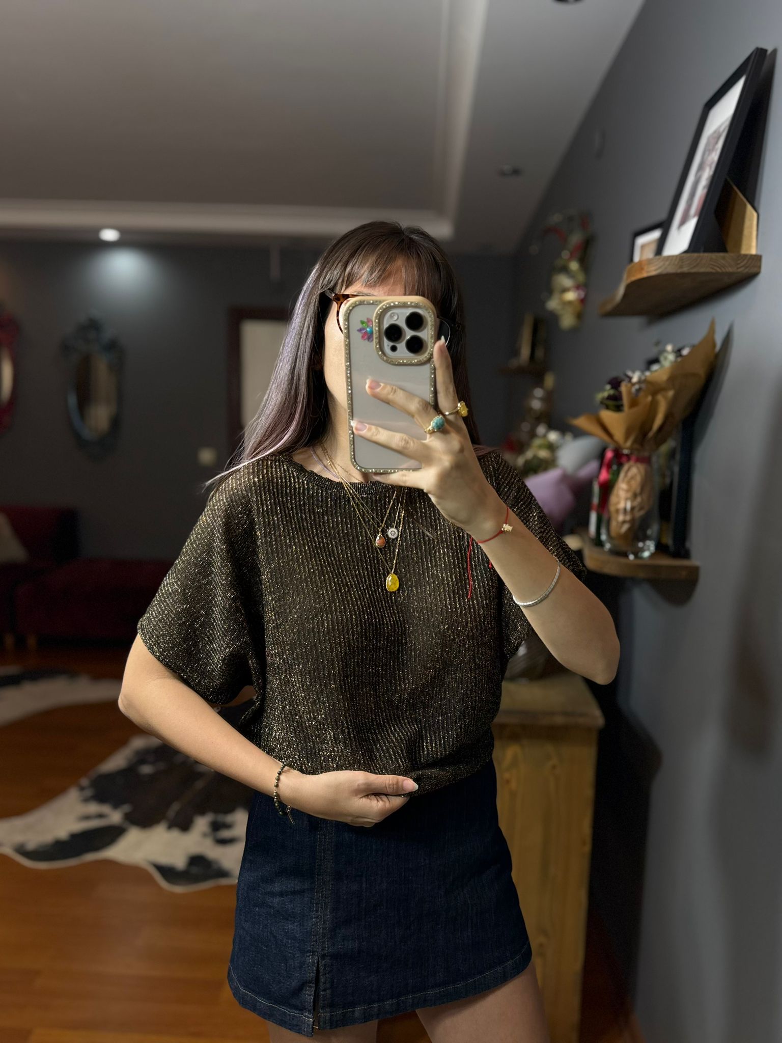 Orj Mrk Parlak Gold Detaylı Bluz - Görsel 5