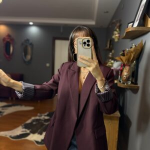 Astarı Çizgili Bordo Blazer Ceket -mürdüm