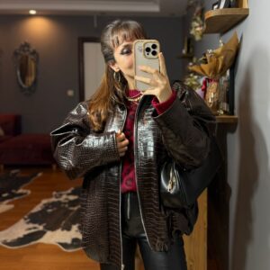 Krokodil Desenli Kadın Oversize Bordo Deri Ceket