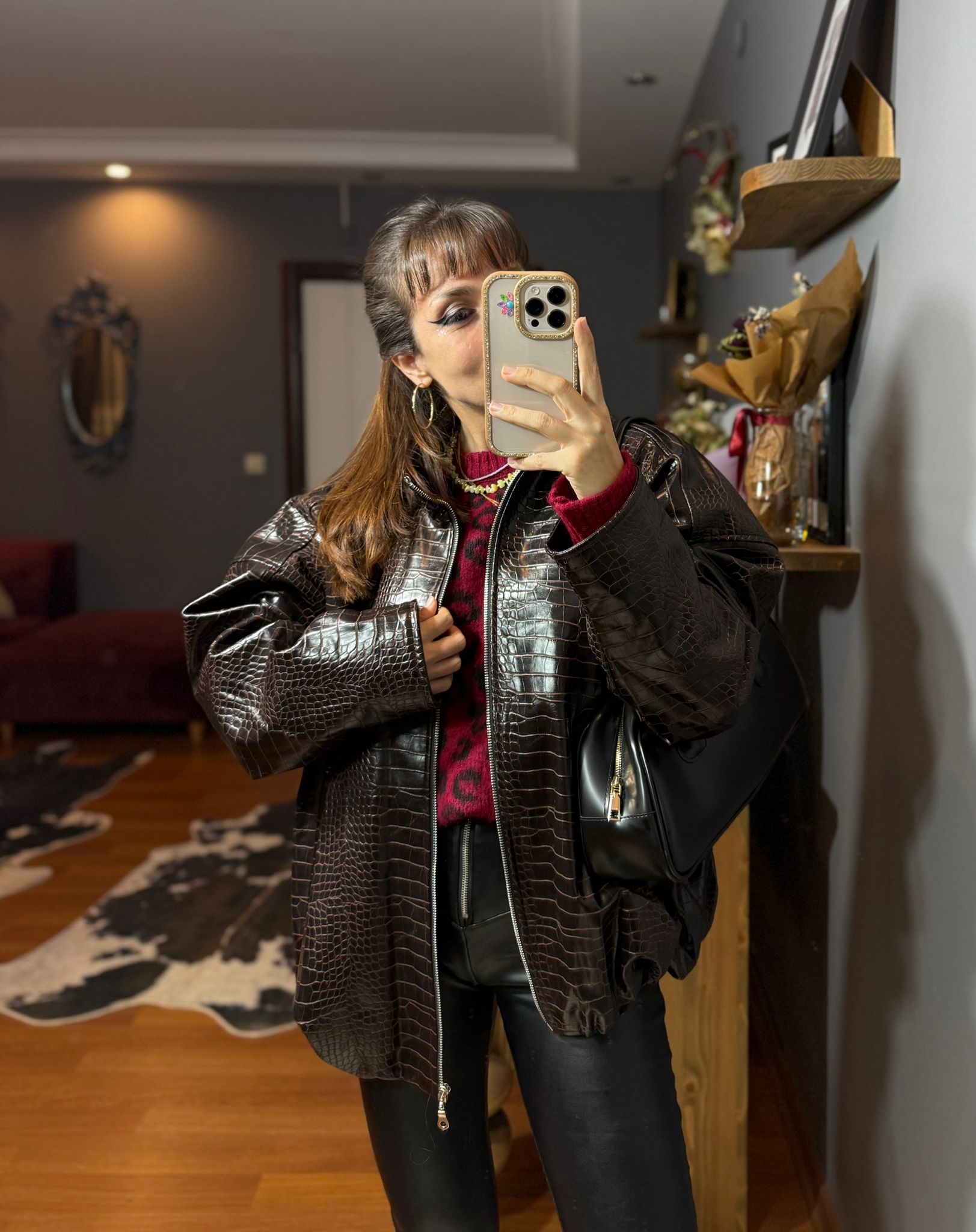 Krokodil Desenli Kadın Oversize Bordo Deri Ceket