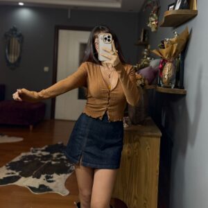 Orj mrk Vintage Hardal Düğme Detaylı Bluz