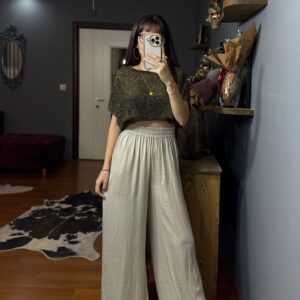 Orj mrk Pamuk Saten Beli Lastikli Salaş Pantolon-BEJ RENK