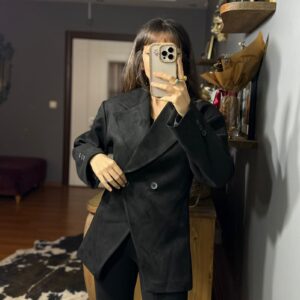 İçi Astarlı Siyah Belden Oturmalı Süet Blazer Ceket