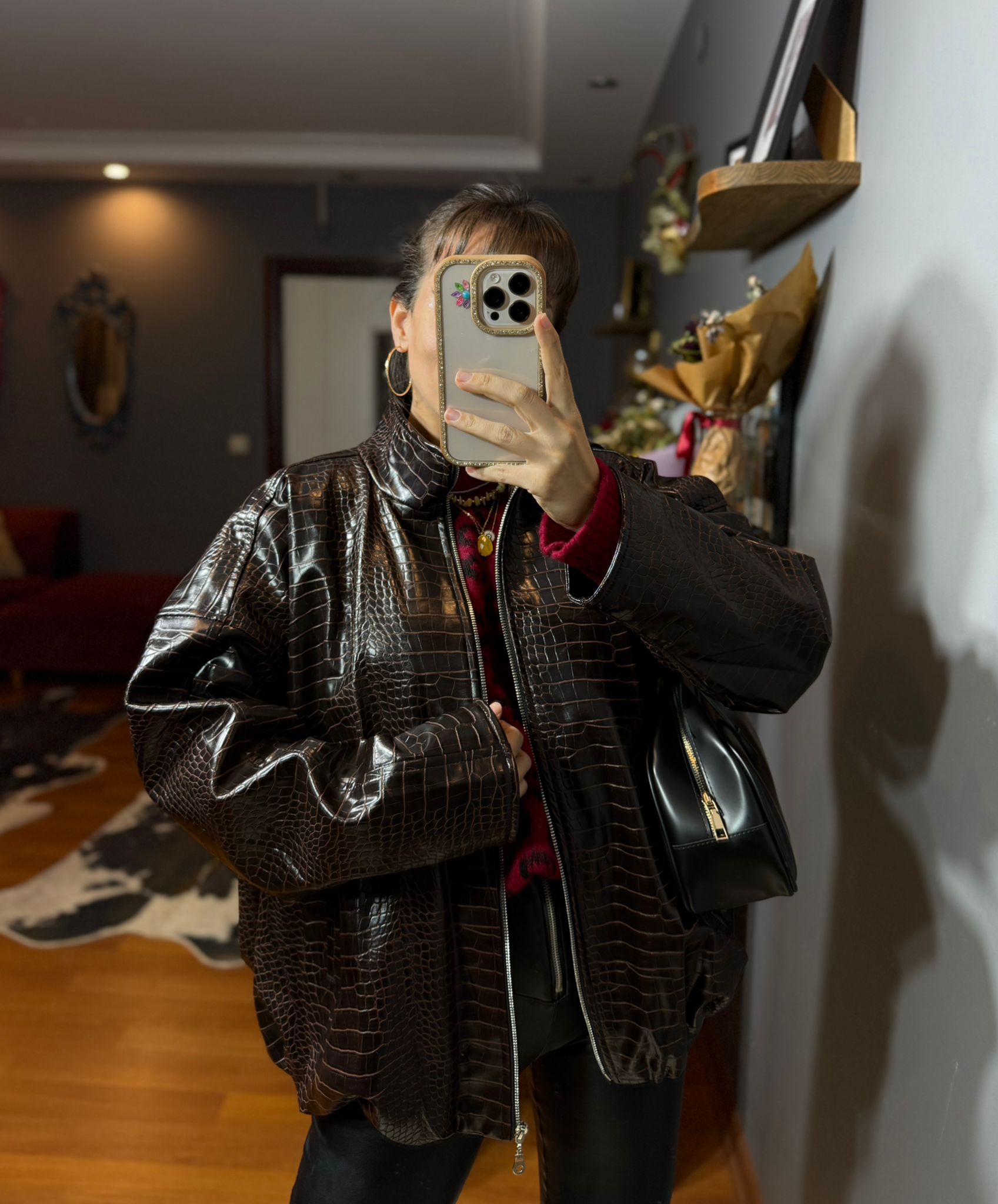 Krokodil Desenli Kadın Oversize Bordo Deri Ceket - Görsel 6