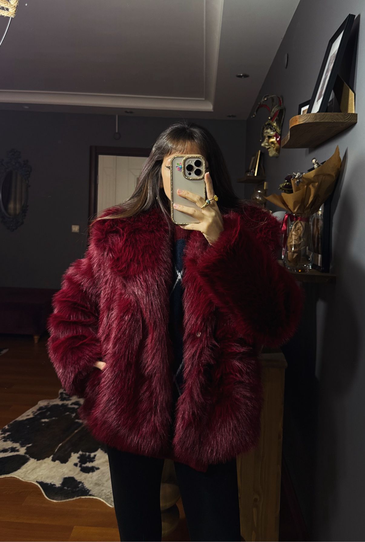 Kadın Suni Kürk Mont-BORDO