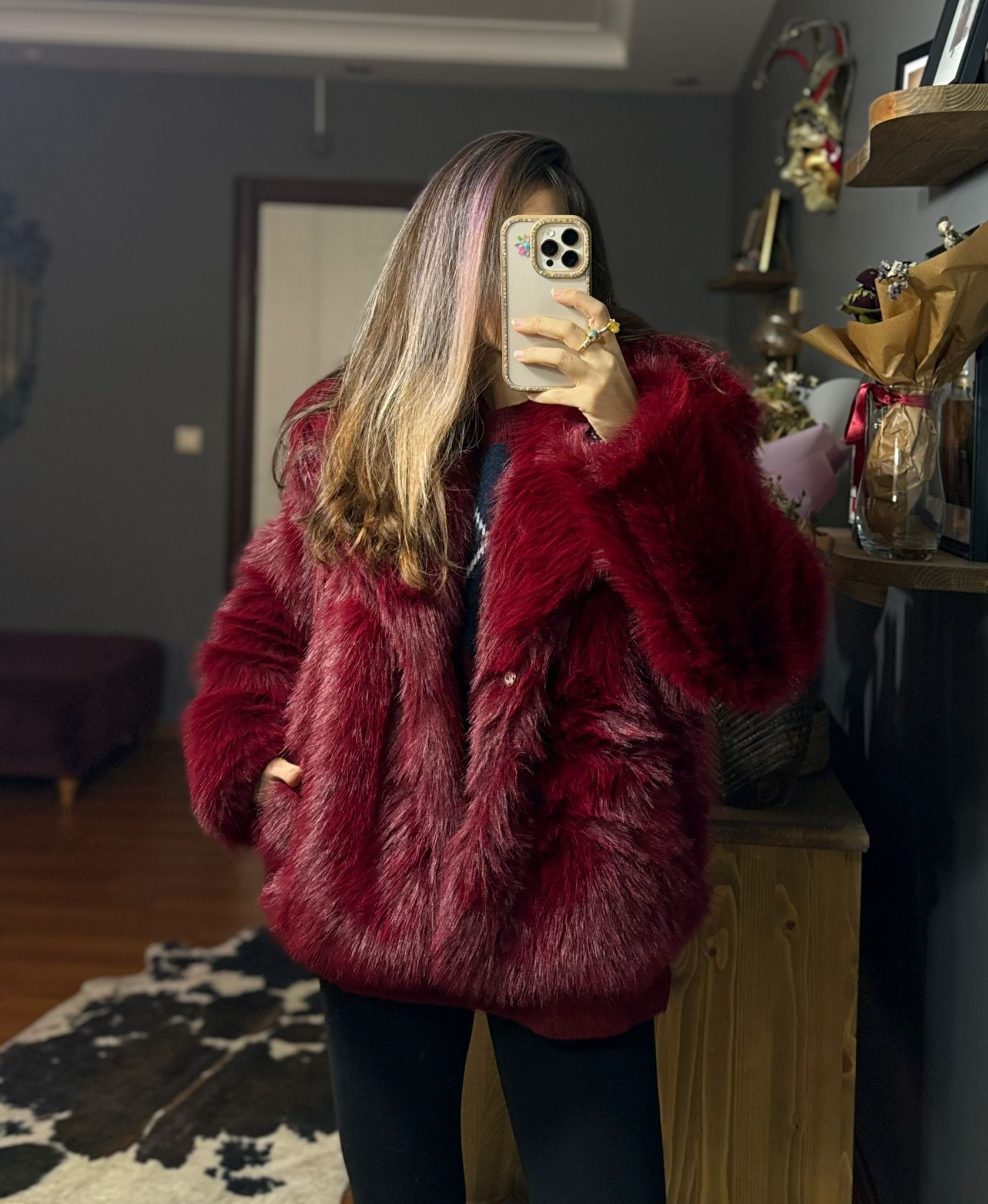 Kadın Suni Kürk Mont-BORDO - Görsel 2