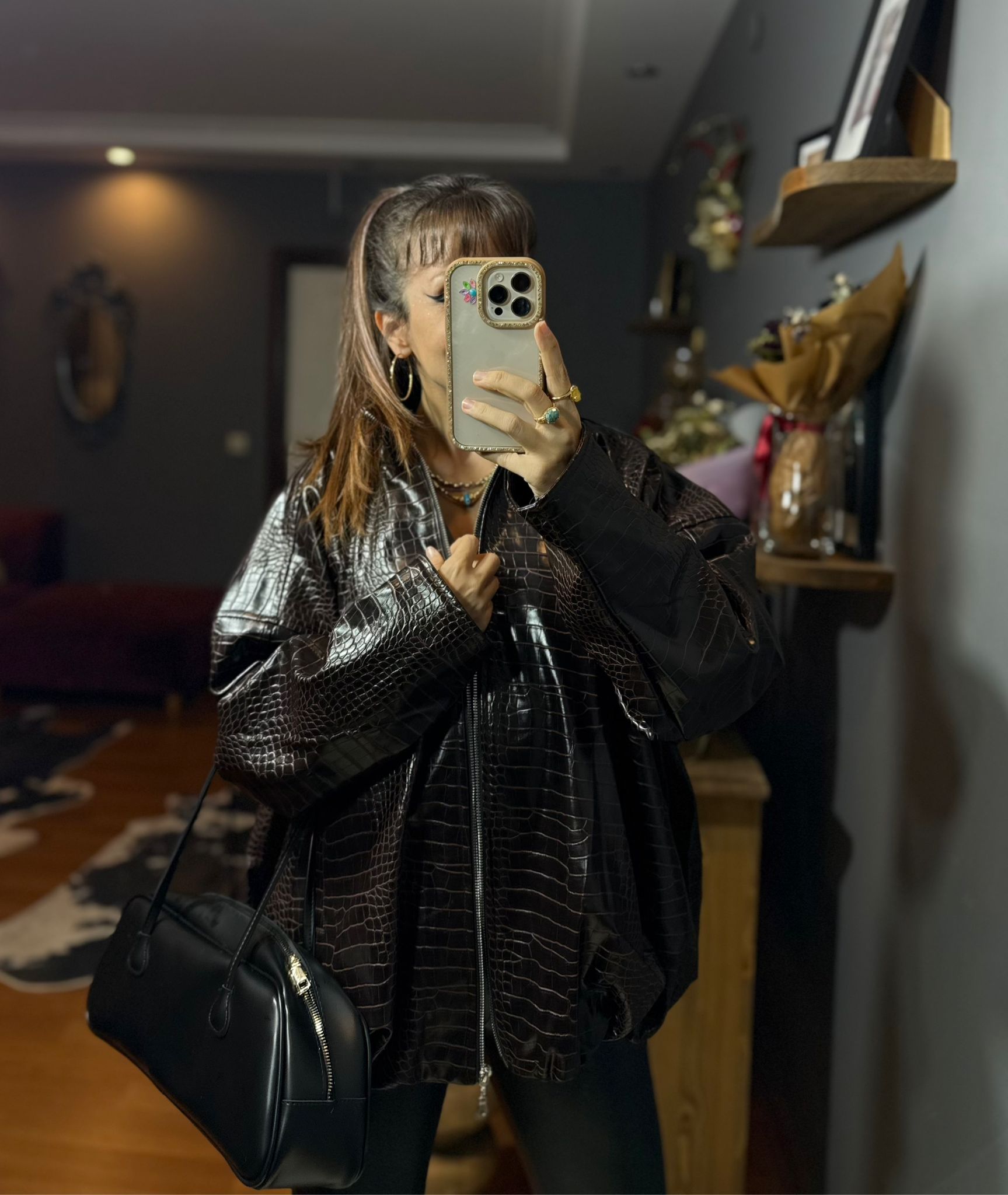 Krokodil Desenli Kadın Oversize Bordo Deri Ceket - Görsel 8