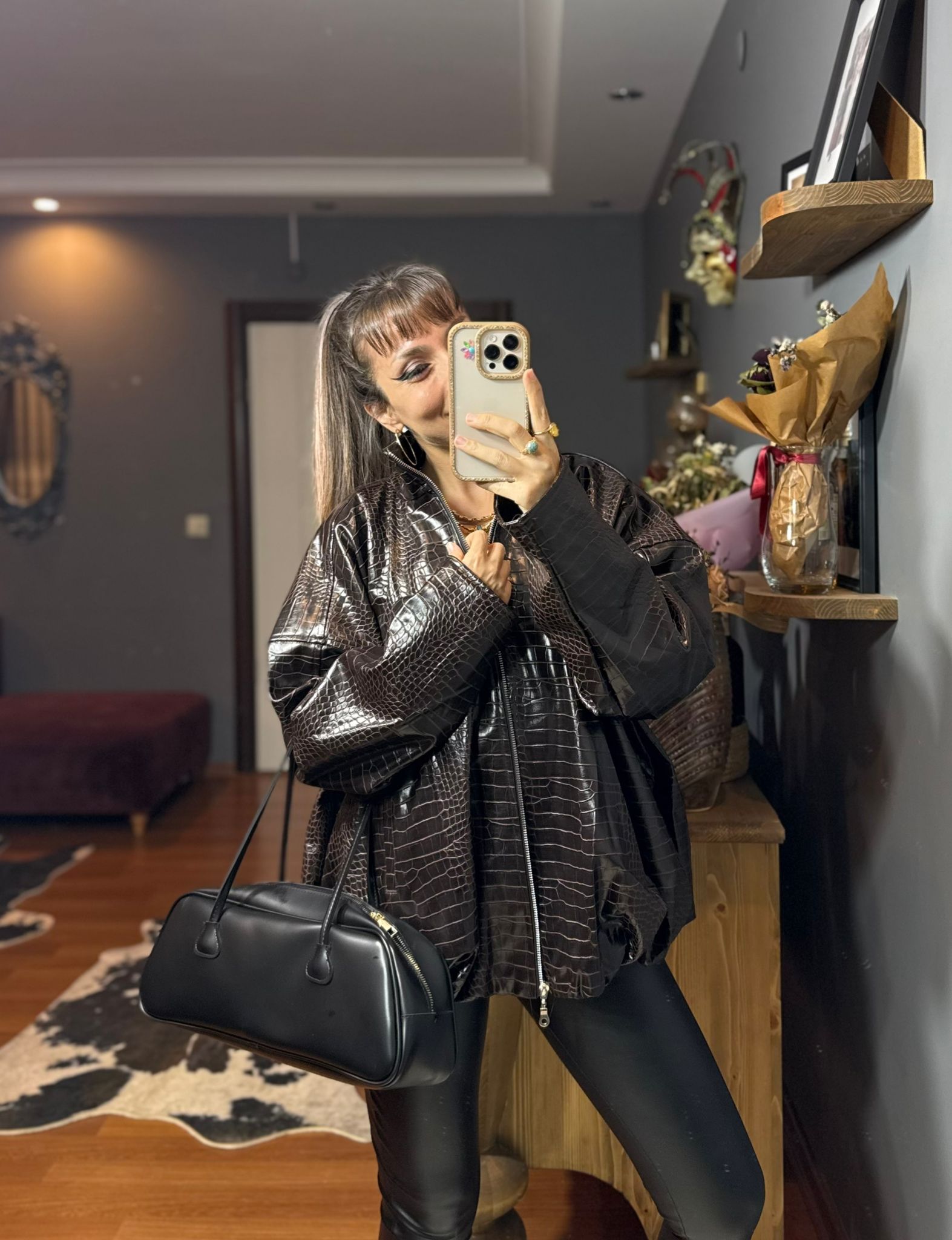 Krokodil Desenli Kadın Oversize Bordo Deri Ceket - Görsel 9