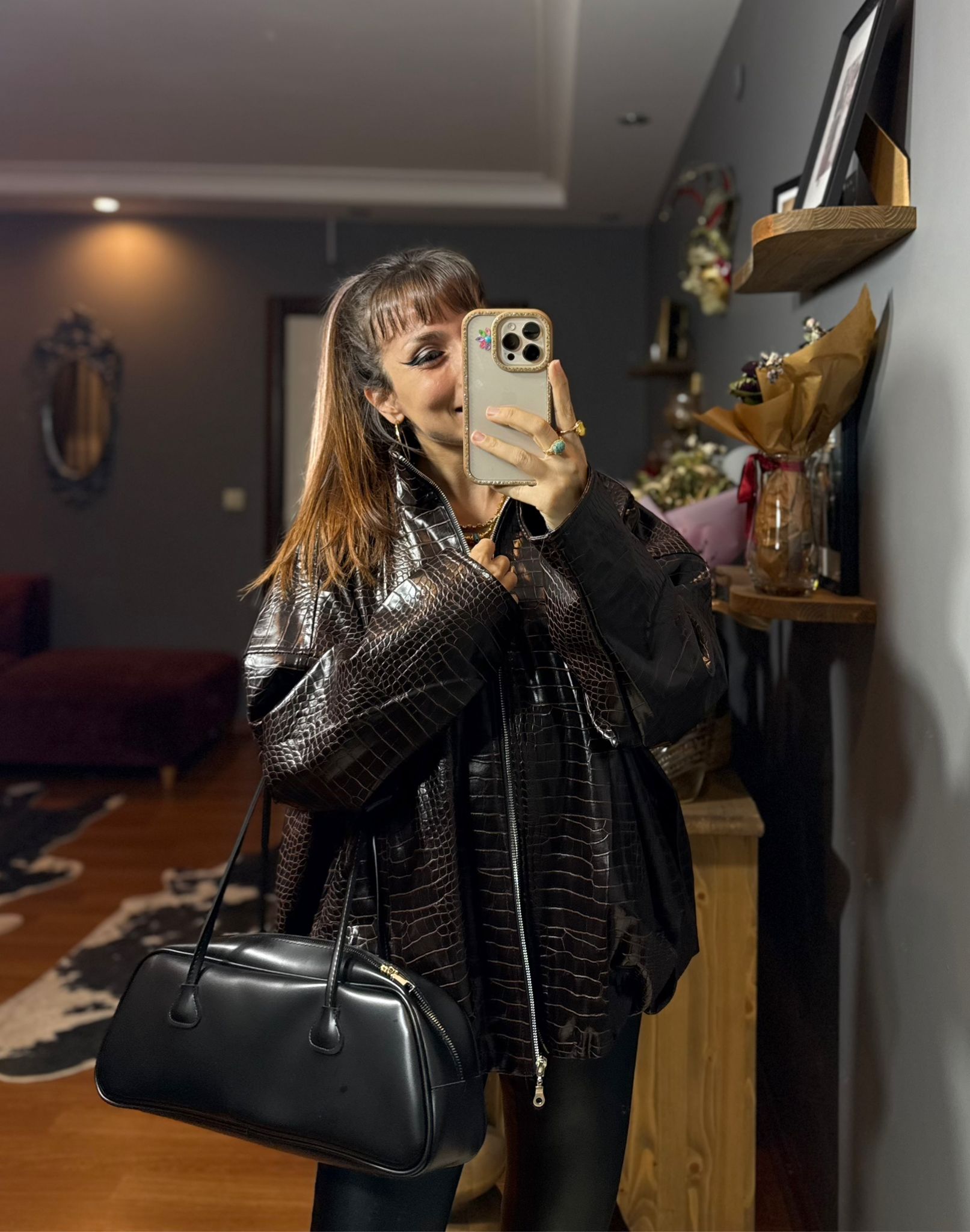 Krokodil Desenli Kadın Oversize Bordo Deri Ceket - Görsel 10