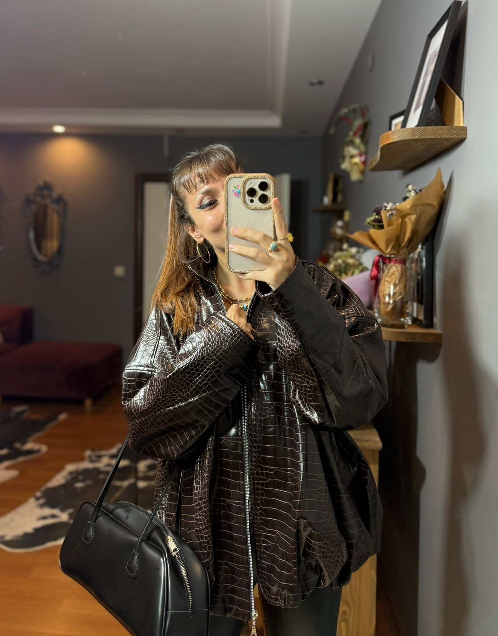 Krokodil Desenli Kadın Oversize Bordo Deri Ceket - Görsel 11