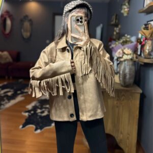 Püskül Detaylı Süet Kovboy Ceket – Western Stil - Bej