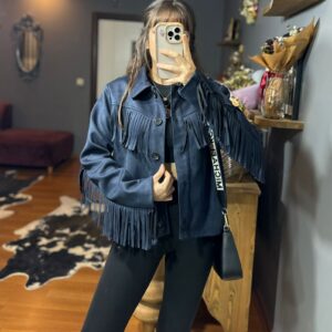 Püskül Detaylı Süet Kovboy Ceket – Western Stil - Lacivert