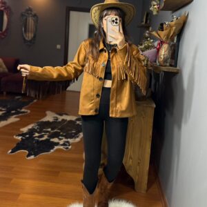 Püskül Detaylı Süet Kovboy Ceket – Western Stil - Taba